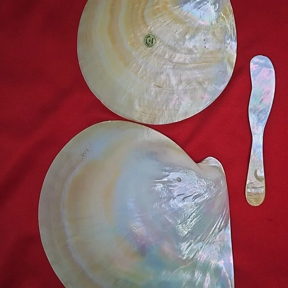 Mother of Pearl Caviar Snack Serving Plates & Knife Shell Polished Trinket